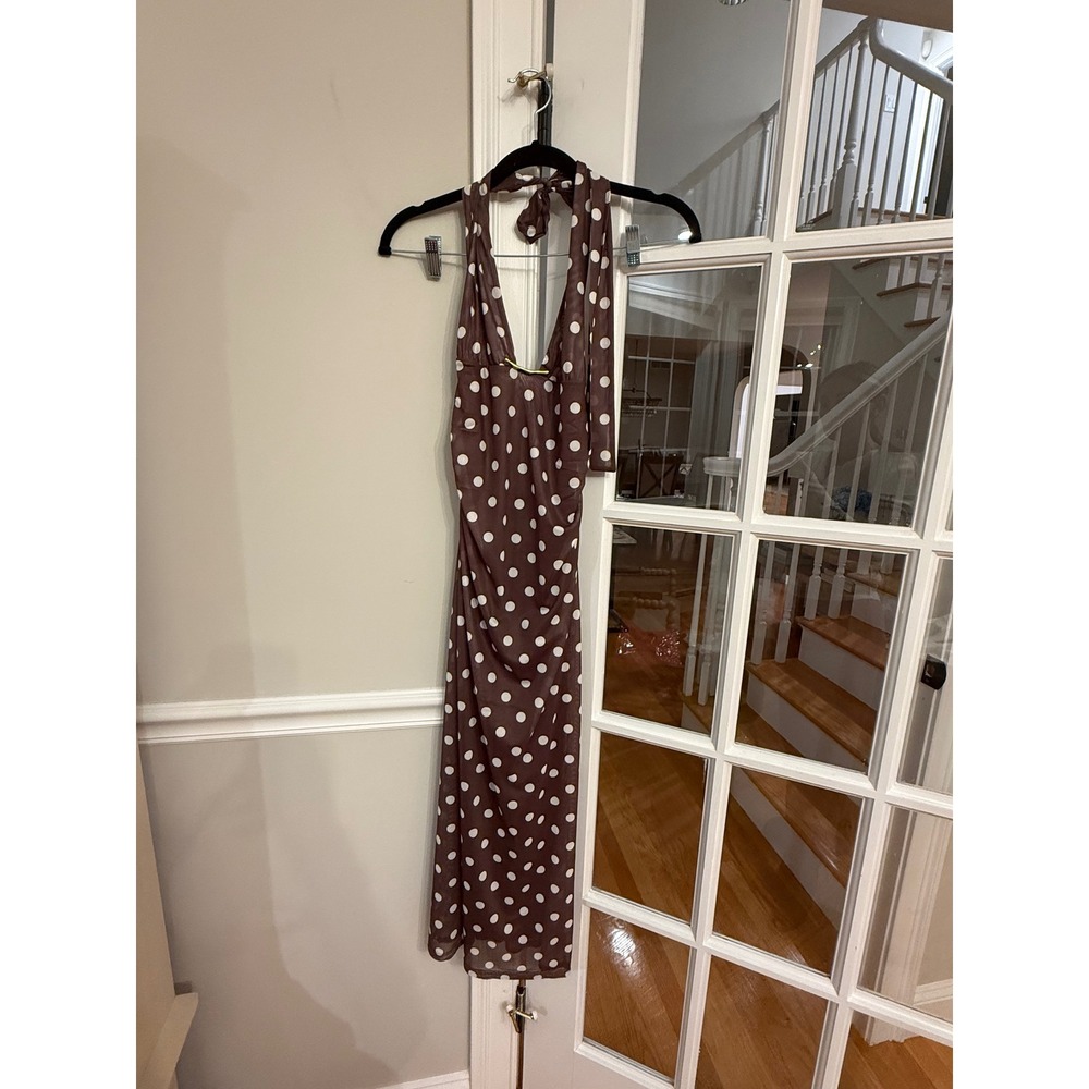 Caroline Constas Polka Dot Mesh Halter Swim Cover Up Midi Dress Brown White S